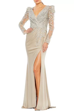 Mac Duggal Women's Embellished Puff-Sleeve Wrap-Effect Gown - Taupe - Size 18
