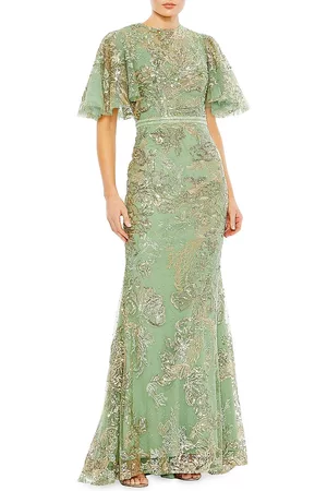 Mac Duggal Women Evening Dresses - Women's Embellished Flutter-Sleeve High-Neck Gown - Sage - Size 4 - Sage - Size 4