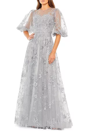 Mac Duggal Women Puff Sleeve Dress - Women's Embroidered Illusion High-Neck Puff-Sleeve A-Line Gown - Sterling Silver - Size 12