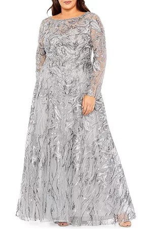 Mac Duggal Women Long Sleeve Dresses - Women's Fabulouss Long Sleeve Metallic Plus-Size Gown - Charcoal - Size 20W