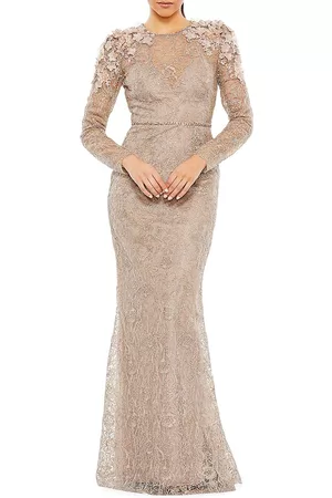 Mac Duggal Women Long Sleeve Dresses - Women's Embellished Shoulder-Detail Long-Sleeve Gown - Taupe - Size 14