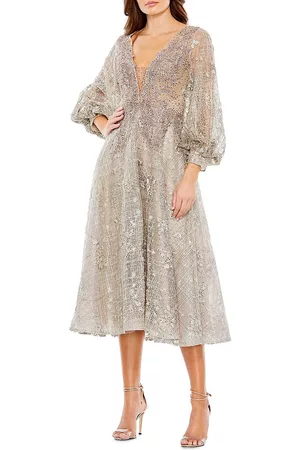 Mac Duggal Women's Embellished Plunge-Neck Bishop-Sleeve Midi-Dress - Taupe - Size 14