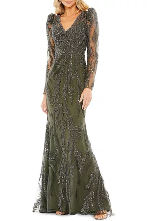 Mac Duggal Women's Embellished Puff-Sleeve V-Neck Gown - Olive - Size 14