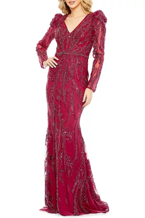 Mac Duggal Women's Embellished Puff-Sleeve V-Neck Gown - Berry - Size 18