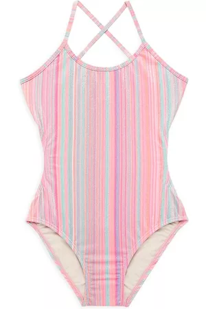 PQ Girls Swimsuits - Little Girl's & Girl's Ayah Striped Cut Out One-Piece Swimsuit - Newport Stripe - Size 14