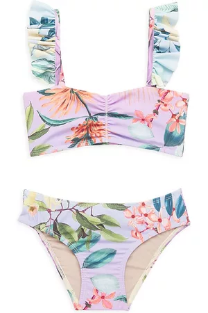 PQ Girls Bikini Sets - Little Girl's & Girl's 2-Piece Tropical Print Ruffle-Trim Bikini - Lavender Oasis - Size 2