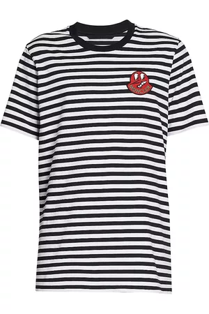 Moncler Men Short Sleeved T-Shirts - Men's Logo Patch T-Shirt - Black White Stripe - Size Medium