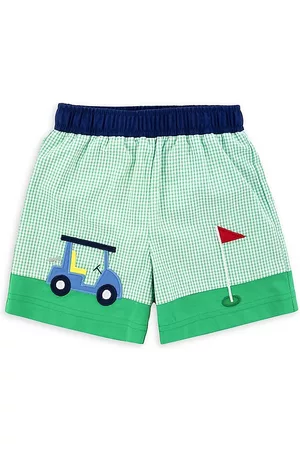 Florence Eiseman Boys Swim Shorts - Little Boy's Golf Cart Seersucker Swim Trunks - Green White - Size 2