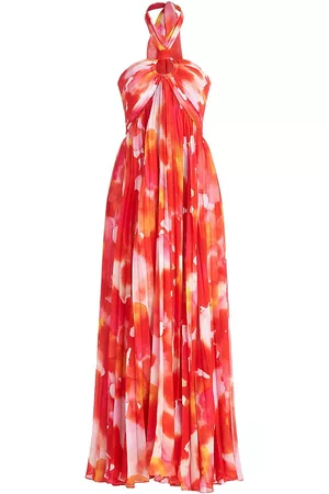 Halston Heritage Women Printed Dresses - Women's Jill Pleated Chiffon Halter Gown - Sunset Watercolor Print - Size 10