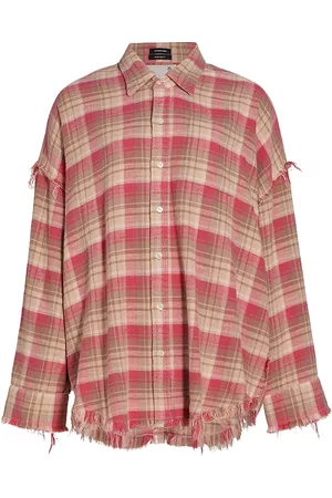 R13 Women Plaid Shirts - Women's Shredded Over-Dyed Plaid Cotton Shirt - Over Dyed Light Pink Plaid - Size Large