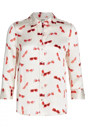 L'Agence Women Blouses - Women's Dani Printed Silk Satin Button-Front Blouse - Vintage White Heart - Size XS