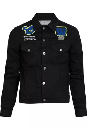 OFF-WHITE Men Denim Jackets - Men's Varsity Patch Denim Jacket - Black Blue - Size XL