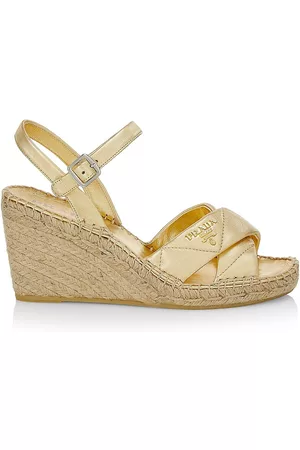 Prada Women Leather Sandals - Women's Quilted Leather & Raffia Wedge Sandals - Platino - Size 7