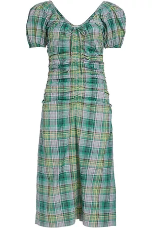 Ganni Women Puff Sleeve Dress - Women's Plaid Puff-Sleeve Midi-Dress - Lagoon - Size 8