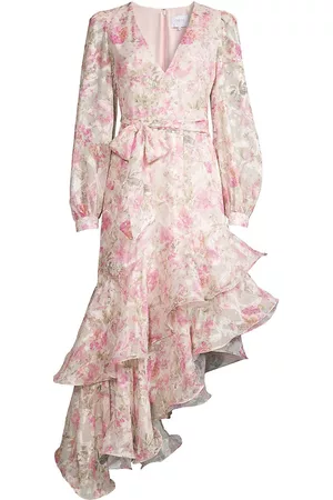ONE33 SOCIAL Women's Floral Ruffle Asymmetric Midi-Dress - Ivory Multi - Size 10