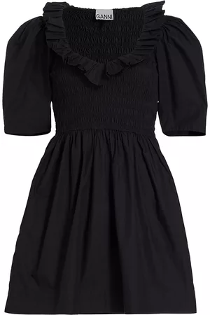 Ganni Women's Smocked Puff-Sleeve Minidress - Black - Size 6