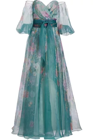 Rene Ruiz Collection Women's Floral Belted Off-The-Shoulder Gown - Blue Floral - Size 18