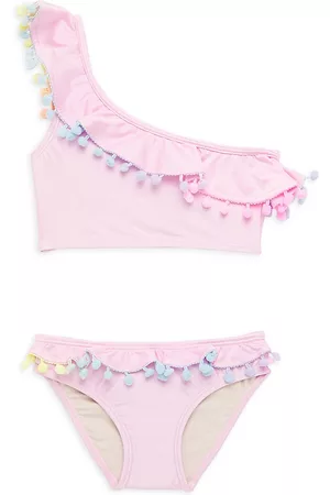 PQ Little Girl's & Girl's 2-Piece One-Shoulder Pom Pom Bikini - Pink Pearl - Size 16