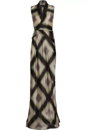 Rick Owens Women Sleeveless Dresses - Women's Sleeveless Satin Wrap Gown - Black Plaid - Size 10