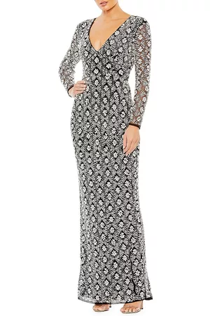 Mac Duggal Women Evening dresses - Women's Evening Beaded Column Gown - Black Silver - Size 18 - Black Silver - Size 18