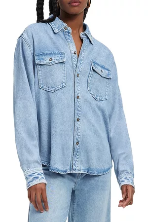 GOOD AMERICAN Women's Weightless Easy Denim Shirt - Light Indigo - Size Medium - Light Indigo - Size Medium