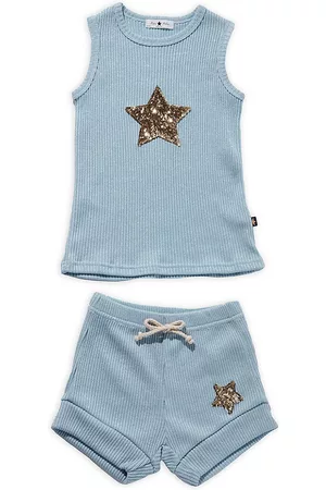Petite Hailey Baby Girl's,Little Girl's & Girl's 2-Piece Glitter Star Ribbed Tank Top & Shorts Set - Sky Blue - Size 6 Months - Sky Blue - Size 6 Months