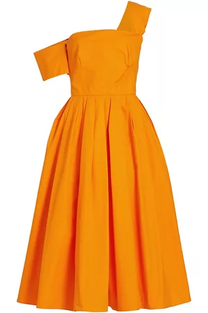 Alexander McQueen Women Asymmetrical Dresses - Women's Popline Asymmetrical Midi-Dress - Sunset Orange - Size 14 - Sunset Orange - Size 14