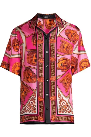 VERSACE Men's Head Print Silk Short-Sleeve Shirt - Orange Pink - Size 36 - Orange Pink - Size 36