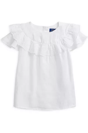 Ralph Lauren Girls Polo T-Shirts - Girl's Ruffle Linen top - White - Size 2 - White - Size 2