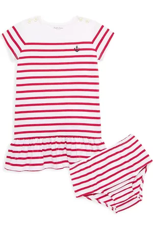 Ralph Lauren Girls Casual Dresses - Baby Girl's Rugby Striped Dress - Sunrise Red Multi - Size 12 Months - Sunrise Red Multi - Size 12 Months