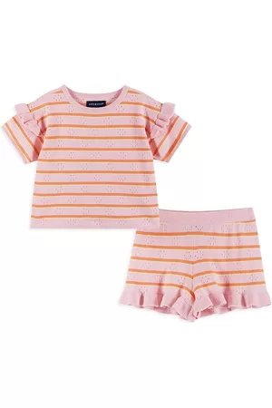 Andy & Evan Girls Sets - Little Girl's 2-Piece Pointelle Knit Striped Ruffle-Trim Set - Pink - Size 3 - Pink - Size 3