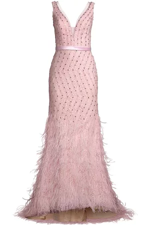 BASIX Women V-Neck Dresses - Women's Feather Embellished Plunge V-Neck Gown - Soft Pink - Size 2 - Soft Pink - Size 2