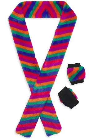 JOCELYN Girls Gloves - Girl's Striped Faux Mittens And Scarf Set - Bright Multi - Bright Multi