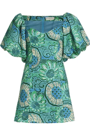 Rhode Women's Dali Linen Geometric Puff-Sleeve Minidress - Aquatic Bloom - Size 0 - Aquatic Bloom - Size 0