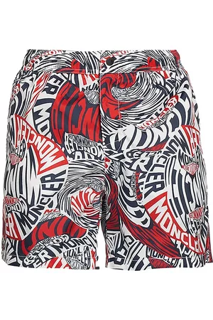 Moncler Men's Slim-Fit Logo Swim Shorts - Red Navy Wavy Print - Size Medium - Red Navy Wavy Print - Size Medium