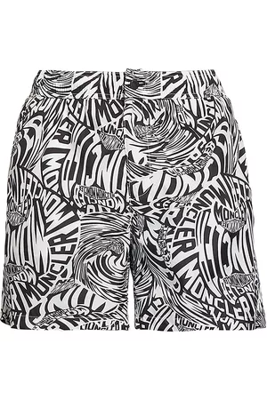 Moncler Men's Slim-Fit Logo Swim Shorts - Black White Wavy Print - Size Small - Black White Wavy Print - Size Small