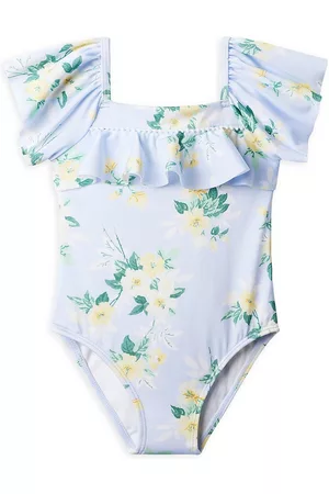 Janie and Jack Baby Girl's, Little Girl's & Girl's Floral Ruffle One-Piece Swimsuit - Blue - Size 5 - Blue - Size 5