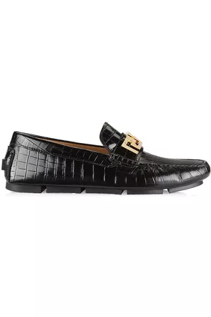 VERSACE Men Loafers - Men's La Greca Leather Driver Loafers - Black Gold - Size 7 - Black Gold - Size 7