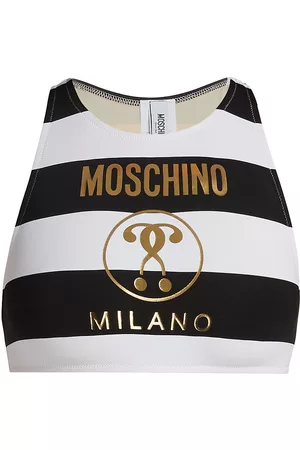 Moschino Women Bikini Tops - Women's Striped Cropped Bikini Top - Fantasy Print Black - Size XS - Fantasy Print Black - Size XS