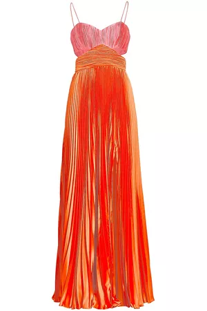 AMUR Women Evening Dresses - Women's Elodie Satin Colorblock Pleated Gown - Calla Lily Poppy Field - Size 6 - Calla Lily Poppy Field - Size 6
