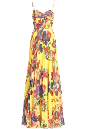 AMUR Women Printed Dresses - Women's Dawson Floral Pleated Gown - Yellow Brushstroke Floral - Size 00 - Yellow Brushstroke Floral - Size 00