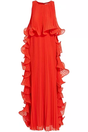 Badgley Mischka Women Evening Dresses - Women's Pleated Octopus-Trimmed Gown - Persimmon - Size 2 - Persimmon - Size 2