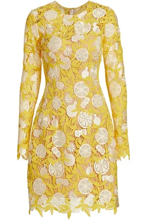 LELA ROSE Women Long Sleeve Dresses - Women's Long-Sleeve Guipure Lace Dress - Lemon - Size 4 - Lemon - Size 4