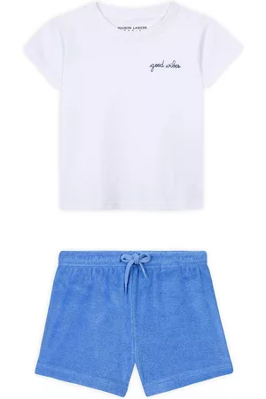Maison Labiche Boys Sets - Baby Boy's 2-Piece 'Good Vibes' T-Shirt & Terry Cloth Shorts Set - White Azure Blue - Size 10 - White Azure Blue - Size 10
