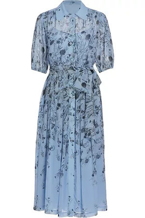 Teri Jon by Rickie Freeman Women Printed Dresses - Women's Floral-Printed Tie-Waist Shirtdress - Blue Multi - Size 6 - Blue Multi - Size 6