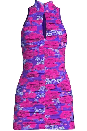 Sau Lee Women Printed Dresses - Women's Gwen Ruched Floral Minidress - Blue Pink - Size 0 - Blue Pink - Size 0