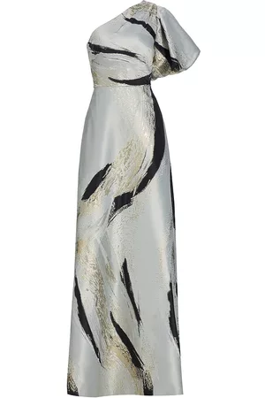 Teri Jon by Rickie Freeman Women Asymmetrical Dresses - Women's Asymmetric Abstract Jacquard Gown - Grey Multi - Size 4 - Grey Multi - Size 4