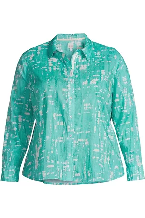 NIC+ZOE Women Shirts - Women's Gleaming Crinkled Tie-Dye Shirt - Aqua Multi - Size 14 - Aqua Multi - Size 14