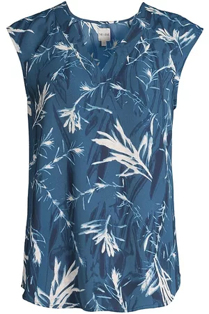 NIC+ZOE Women Blouses - Women's Vintage Botanical Cap-Sleeve Top - Blue Multi - Size XL - Blue Multi - Size XL