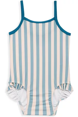 Petit Bateau Girls Swimsuits - Baby Girl's Striped Ruffle-Trim One-Piece Swimsuit - Blue - Size 18 Months - Blue - Size 18 Months